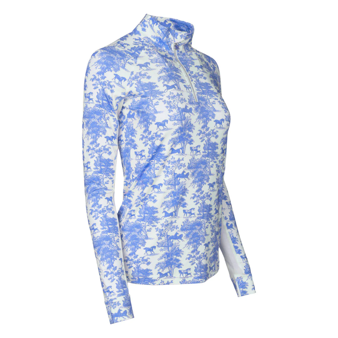 Dapplebay Equestrian Toile 1/4 Zip Light Riding Top - Long Sleeve-Blue/White - Image 11