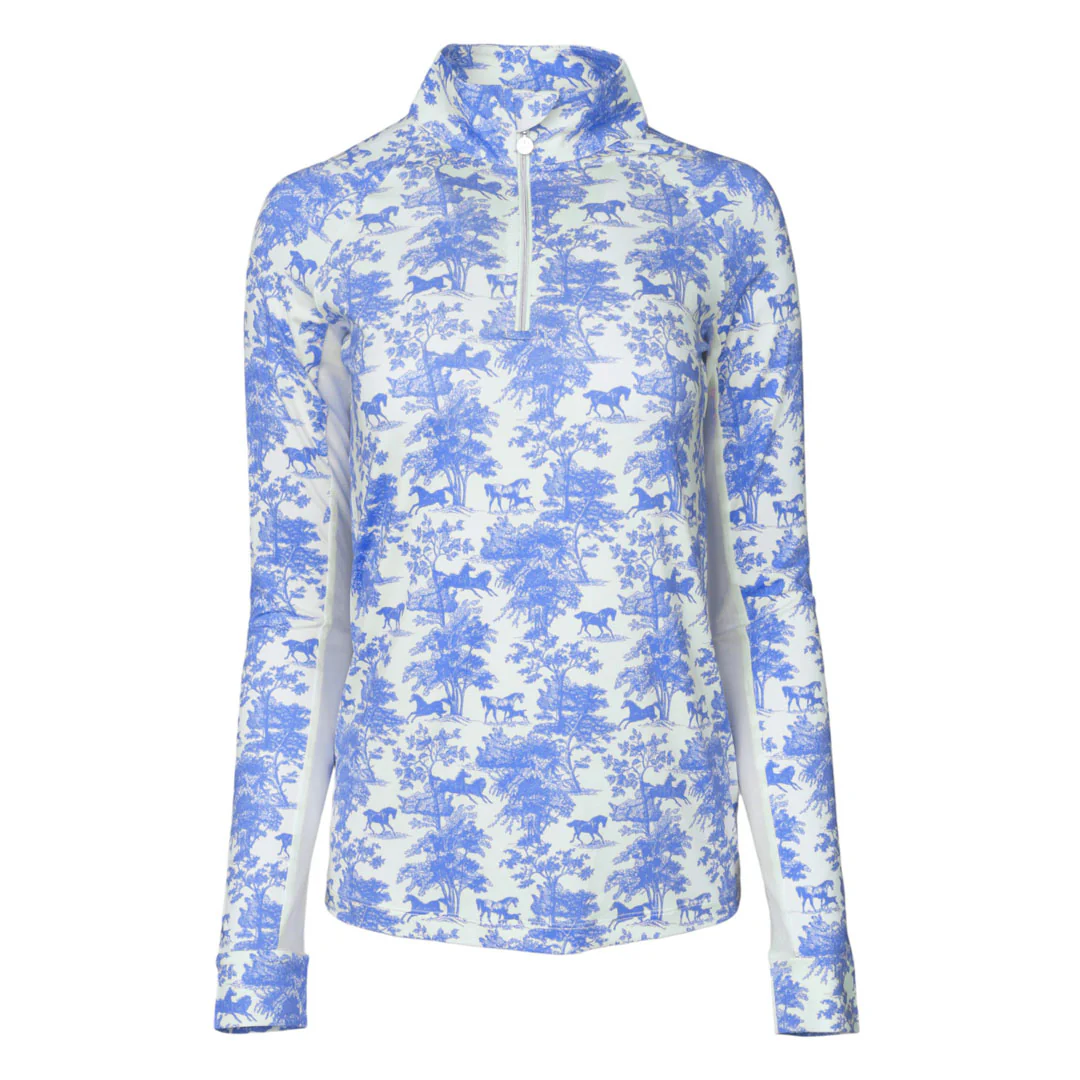 Dapplebay Equestrian Toile 1/4 Zip Light Riding Top - Long Sleeve-Blue/White - Image 12