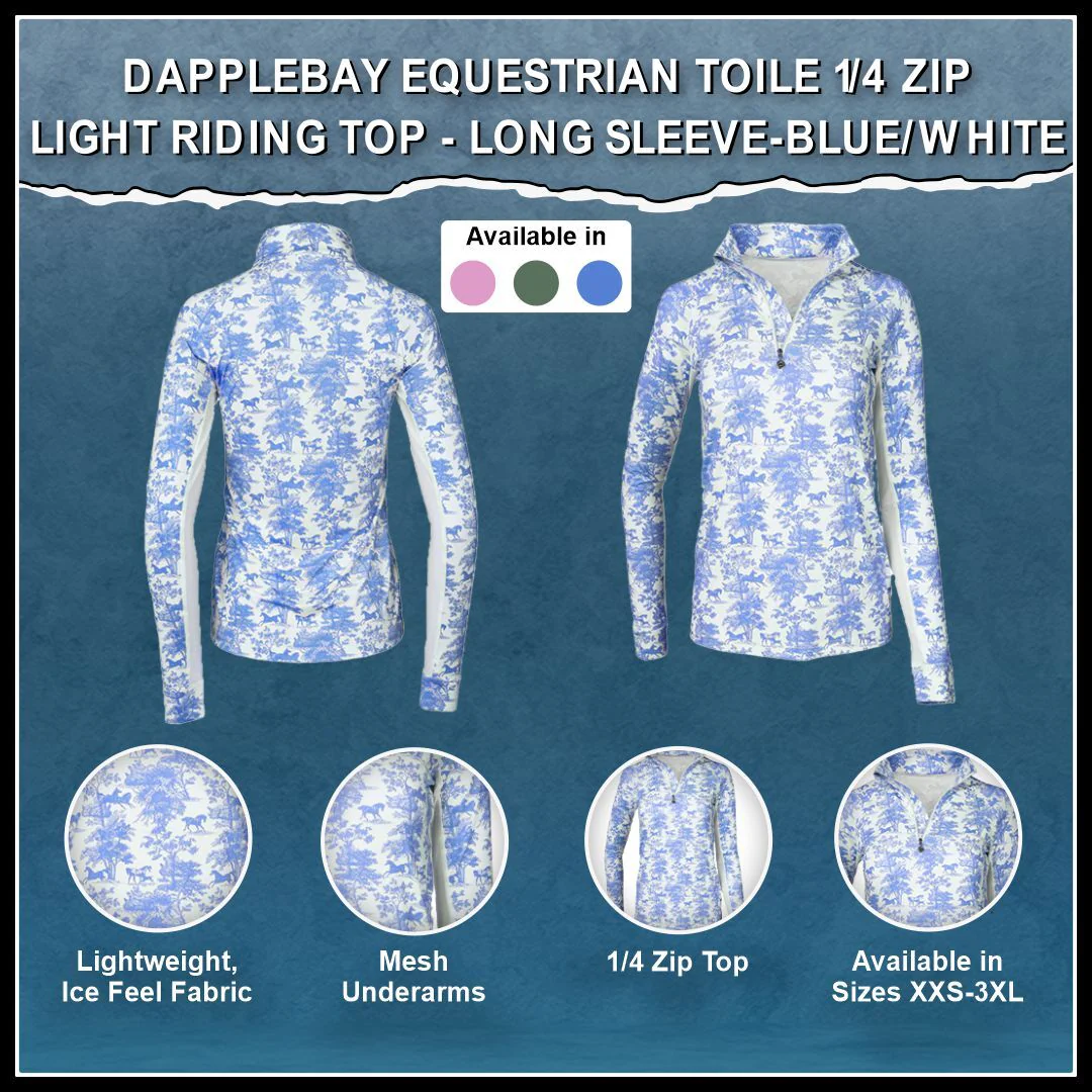 Dapplebay Equestrian Toile 1/4 Zip Light Riding Top - Long Sleeve-Blue/White - Image 13