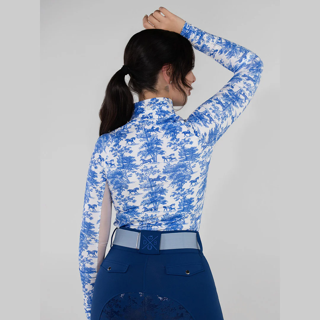 Dapplebay Equestrian Toile 1/4 Zip Light Riding Top - Long Sleeve-Blue/White - Image 2