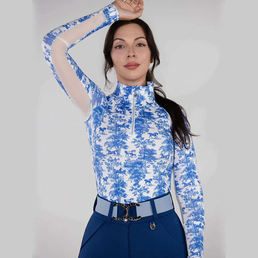 Dapplebay Equestrian Toile 1/4 Zip Light Riding Top - Long Sleeve-Blue/White - Image 3