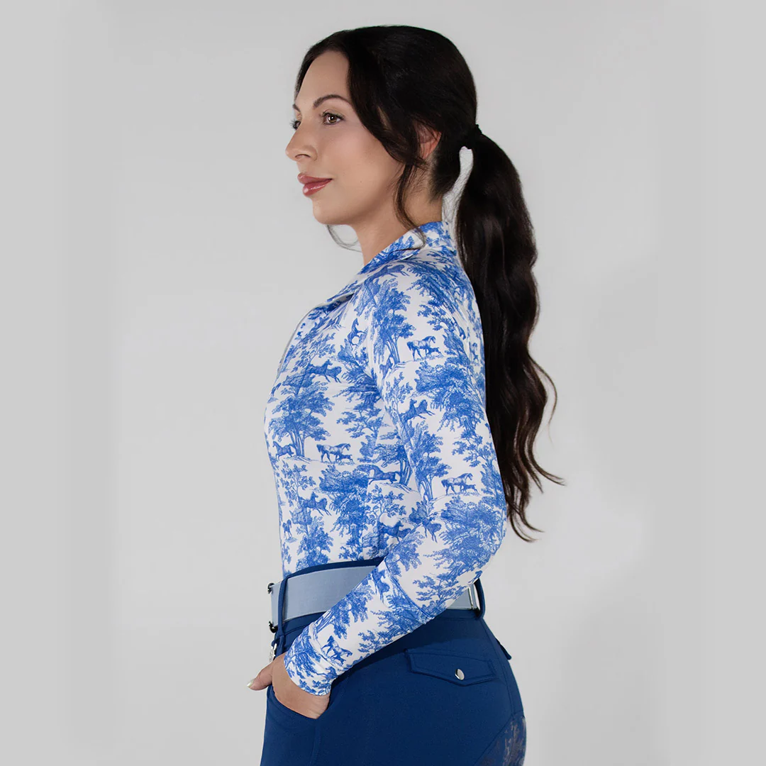 Dapplebay Equestrian Toile 1/4 Zip Light Riding Top - Long Sleeve-Blue/White - Image 4