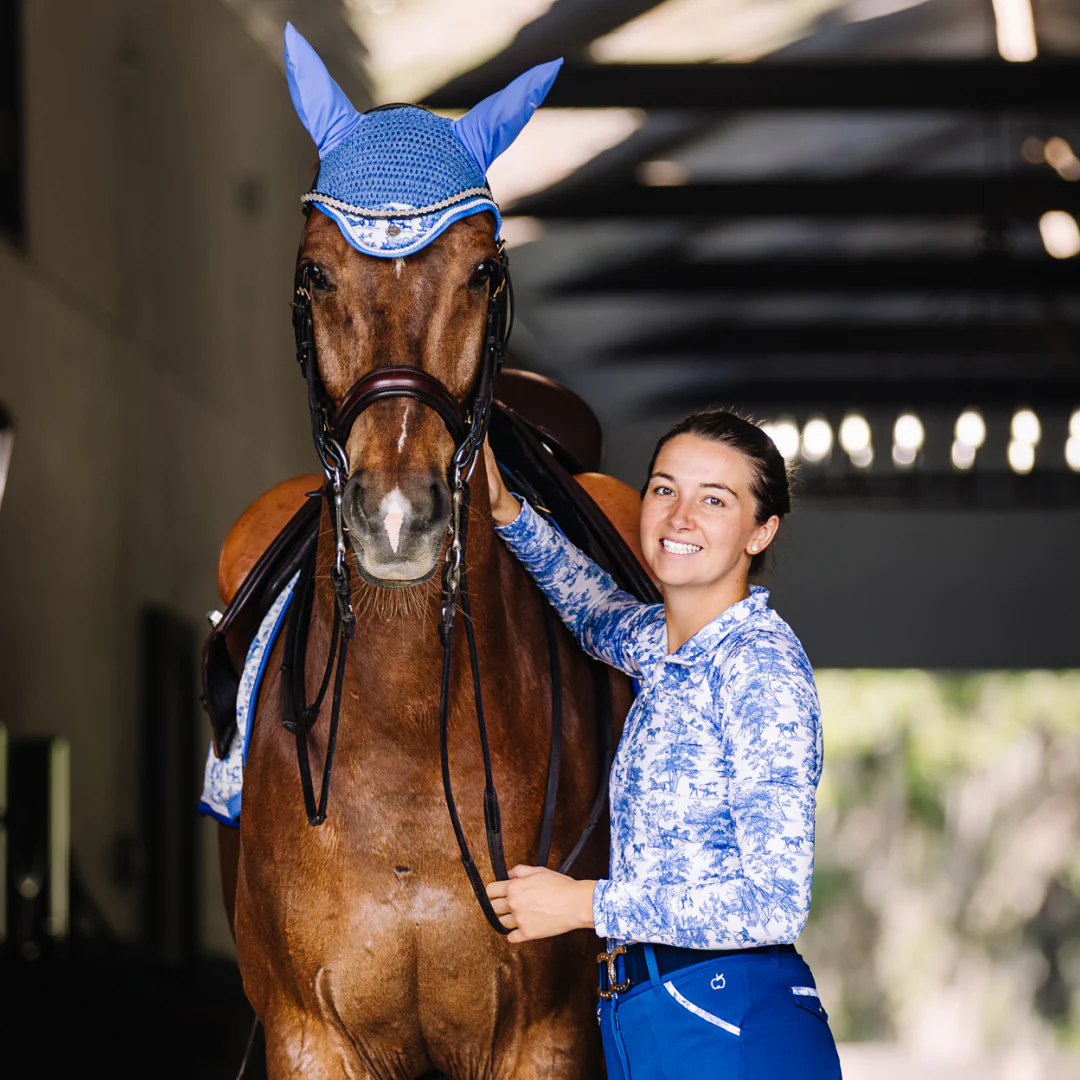 Dapplebay Equestrian Toile 1/4 Zip Light Riding Top - Long Sleeve-Blue/White - Image 8