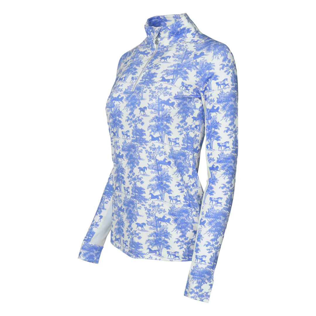 Dapplebay Equestrian Toile 1/4 Zip Light Riding Top - Long Sleeve-Blue/White - Image 9