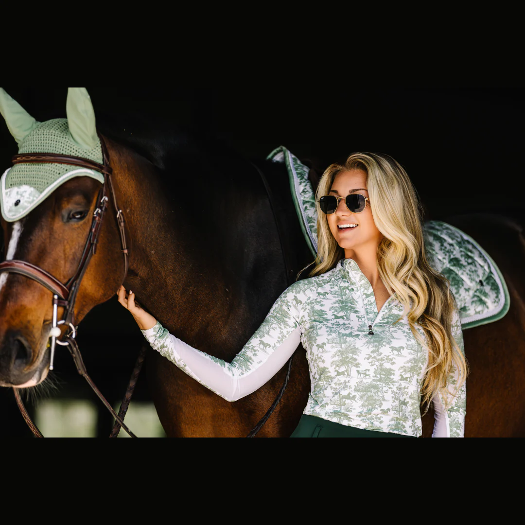 Dapplebay Equestrian Toile 1/4 Zip Light Riding Top - Long Sleeve-Green/White - Image 3