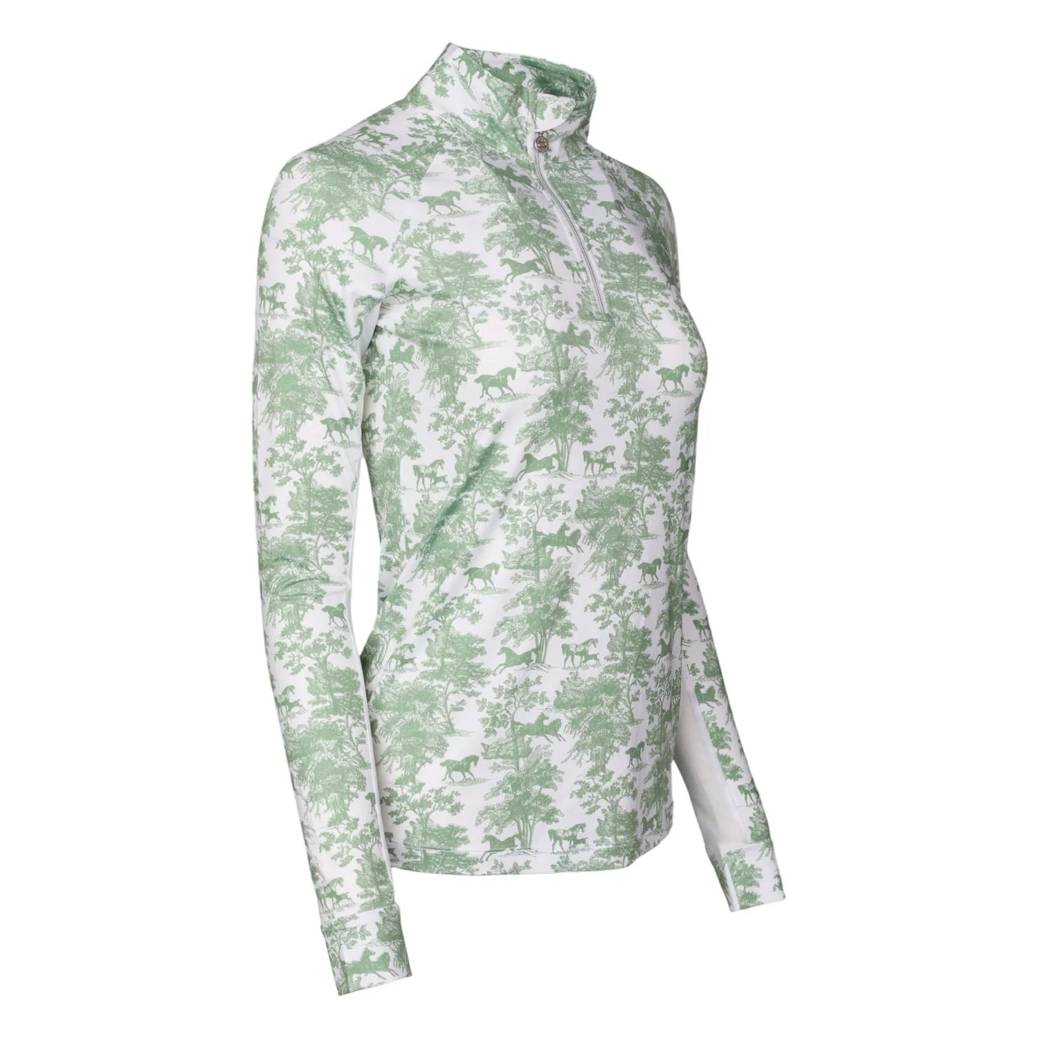 Dapplebay Equestrian Toile 1/4 Zip Light Riding Top - Long Sleeve-Green/White - Image 5