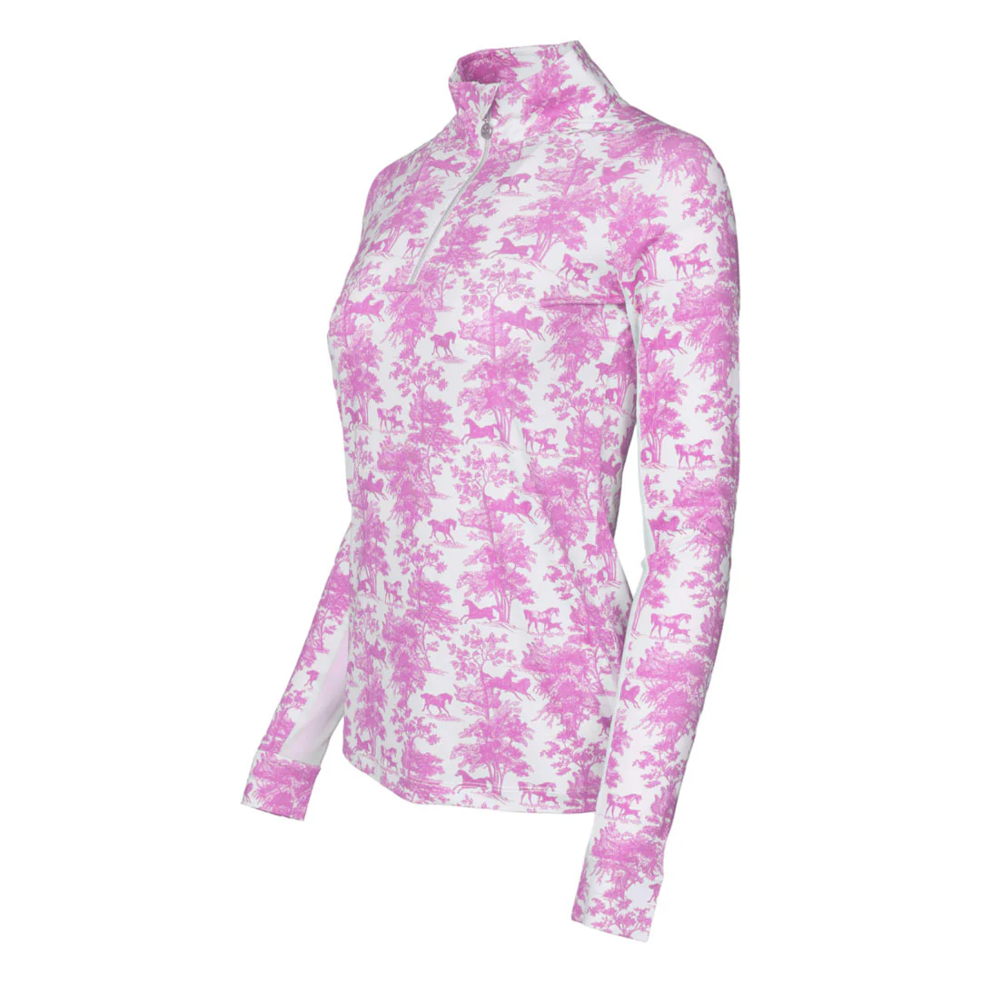 Dapplebay Equestrian Toile 1/4 Zip Light Riding Top - Long Sleeve-Rose/White - Image 2