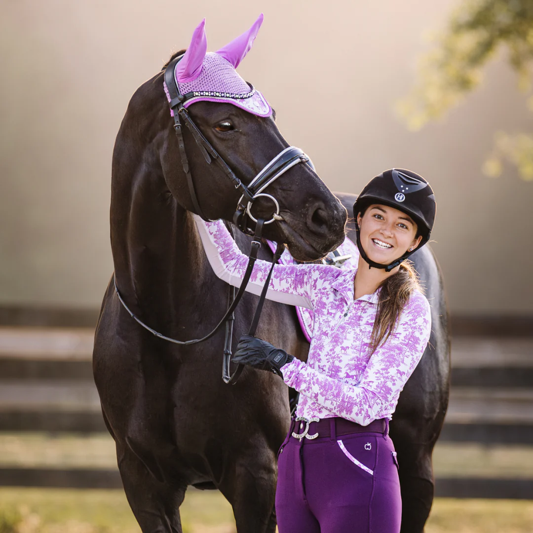 Dapplebay Equestrian Toile 1/4 Zip Light Riding Top - Long Sleeve-Rose/White - Image 3