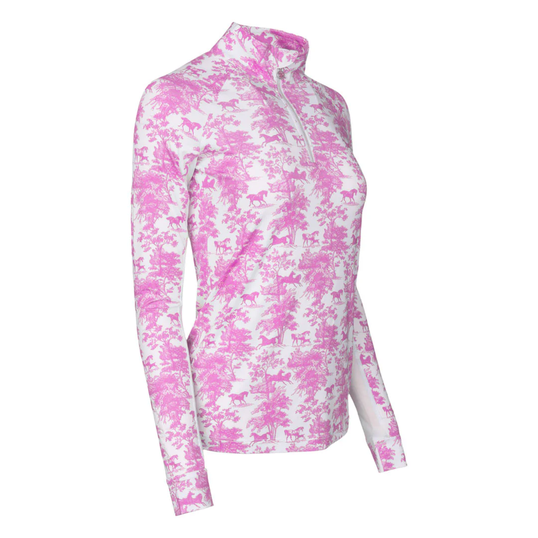 Dapplebay Equestrian Toile 1/4 Zip Light Riding Top - Long Sleeve-Rose/White - Image 5