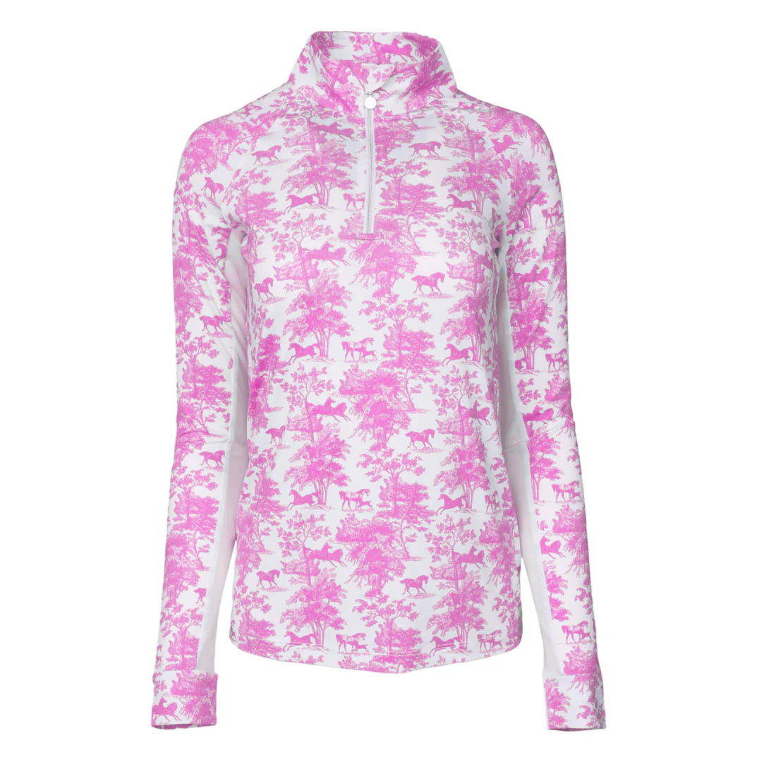 Dapplebay Equestrian Toile 1/4 Zip Light Riding Top - Long Sleeve-Rose/White - Image 6
