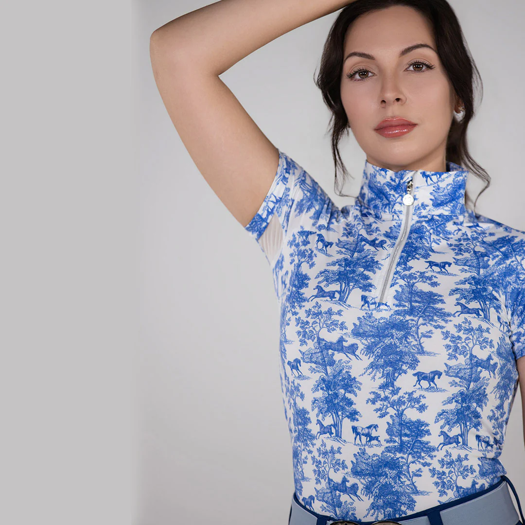 Dapplebay Equestrian Toile 1/4 Zip Light Riding Top - Short Sleeve-Blue/White - Image 2
