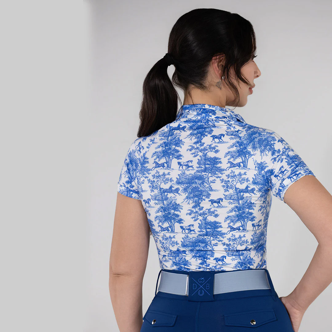 Dapplebay Equestrian Toile 1/4 Zip Light Riding Top - Short Sleeve-Blue/White - Image 3
