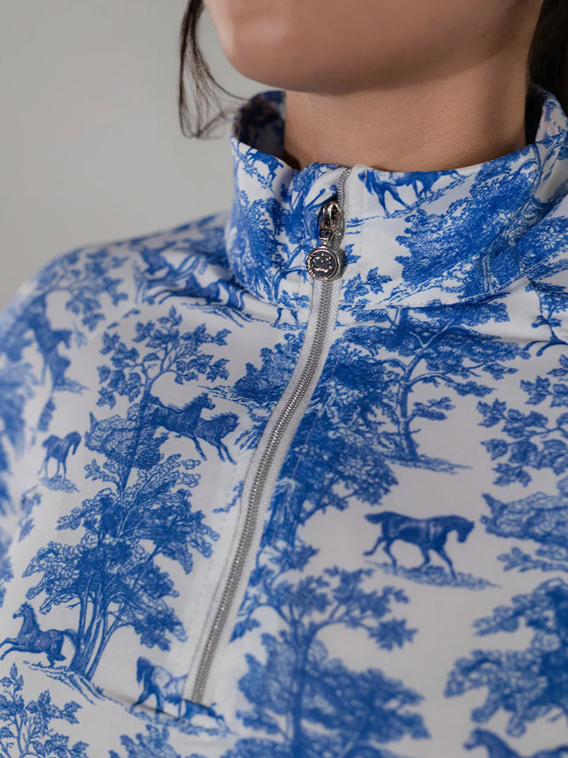 Dapplebay Equestrian Toile 1/4 Zip Light Riding Top - Short Sleeve-Blue/White - Image 4