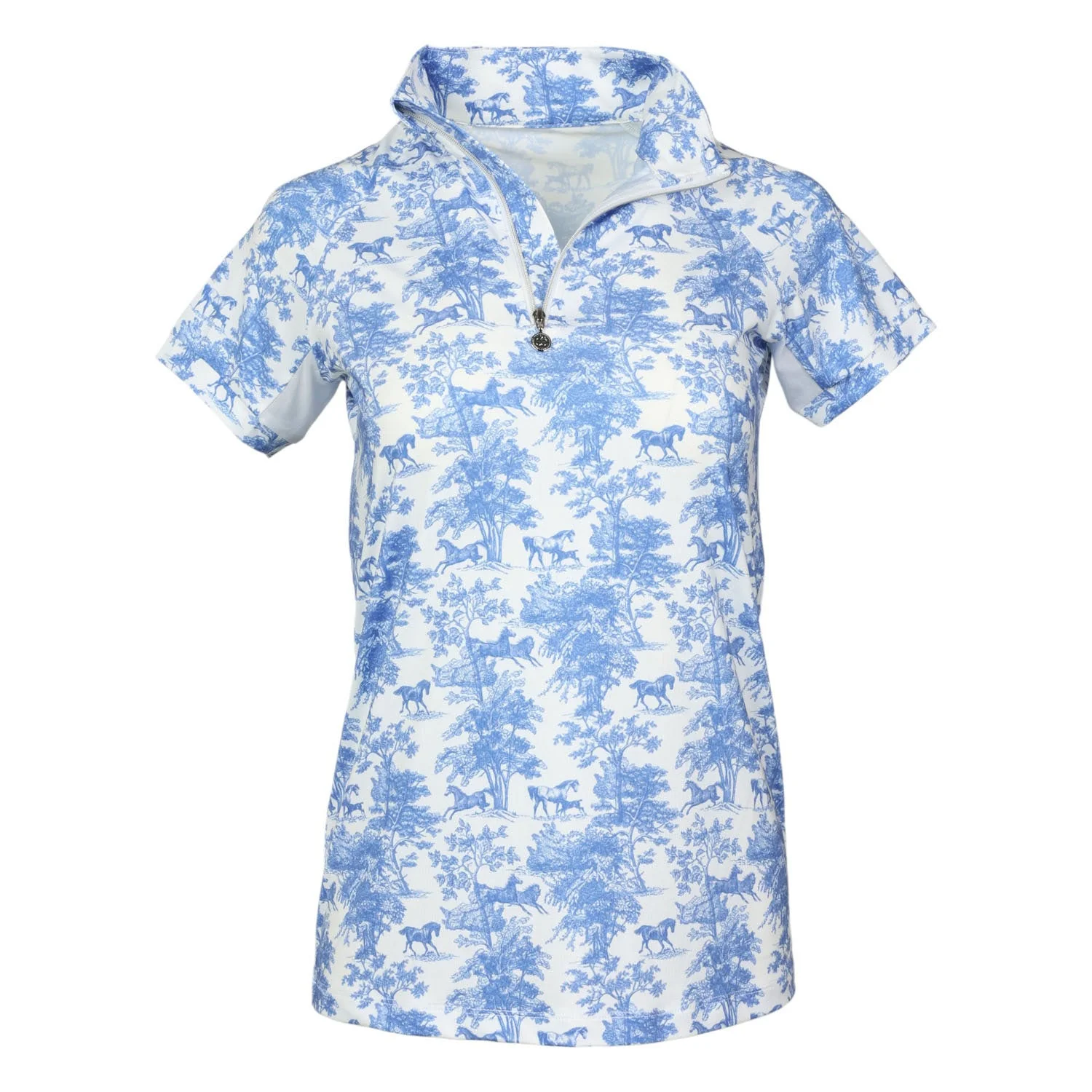 Dapplebay Equestrian Toile 1/4 Zip Light Riding Top - Short Sleeve-Blue/White - Image 5