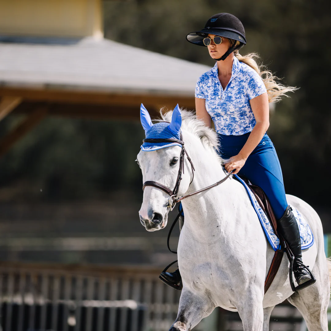 Dapplebay Equestrian Toile 1/4 Zip Light Riding Top - Short Sleeve-Blue/White - Image 7