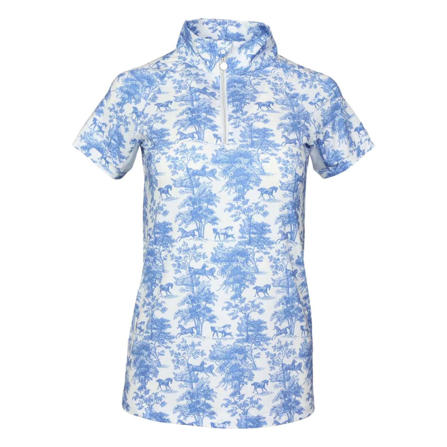 Dapplebay Equestrian Toile 1/4 Zip Light Riding Top - Short Sleeve-Blue/White - Image 9