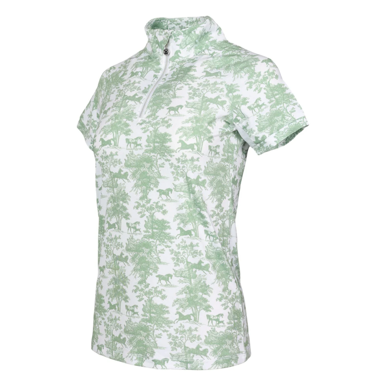 Dapplebay Equestrian Toile 1/4 Zip Light Riding Top - Short Sleeve-Green/White - Image 3