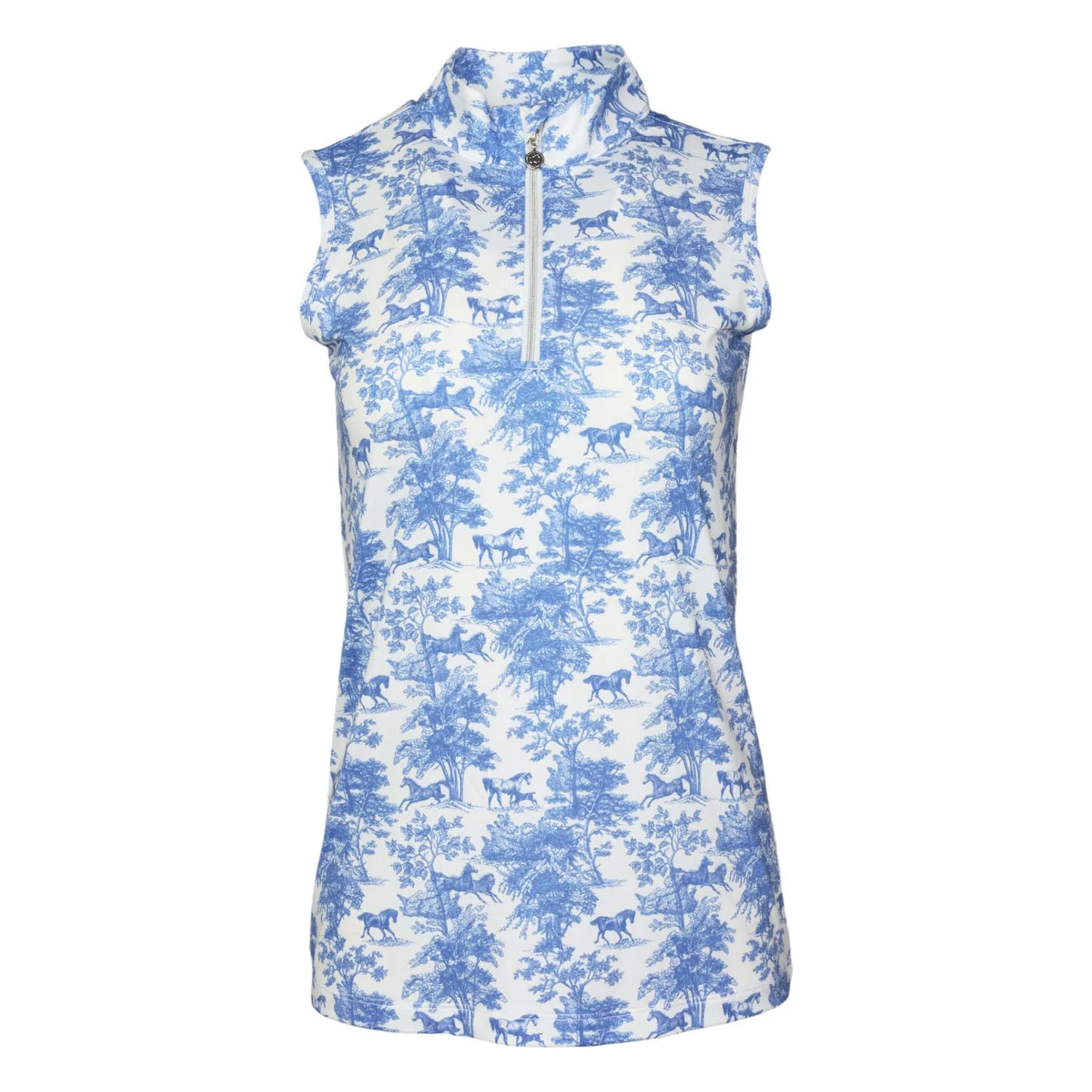 Dapplebay Equestrian Toile 1/4 Zip Light Riding Top - Sleeveless-Blue/White - Image 4