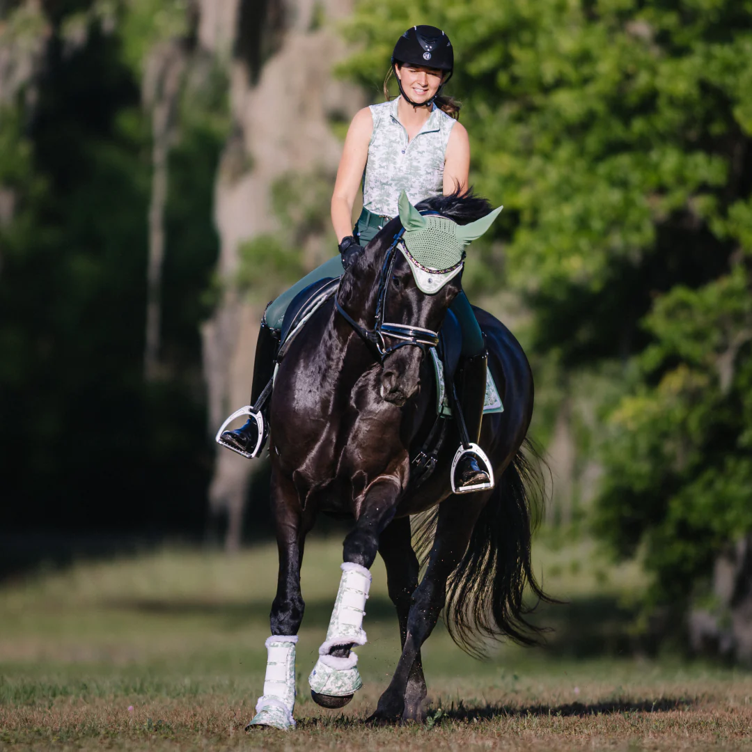 Dapplebay Equestrian Toile 1/4 Zip Light Riding Top - Sleeveless-Green/White - Image 3