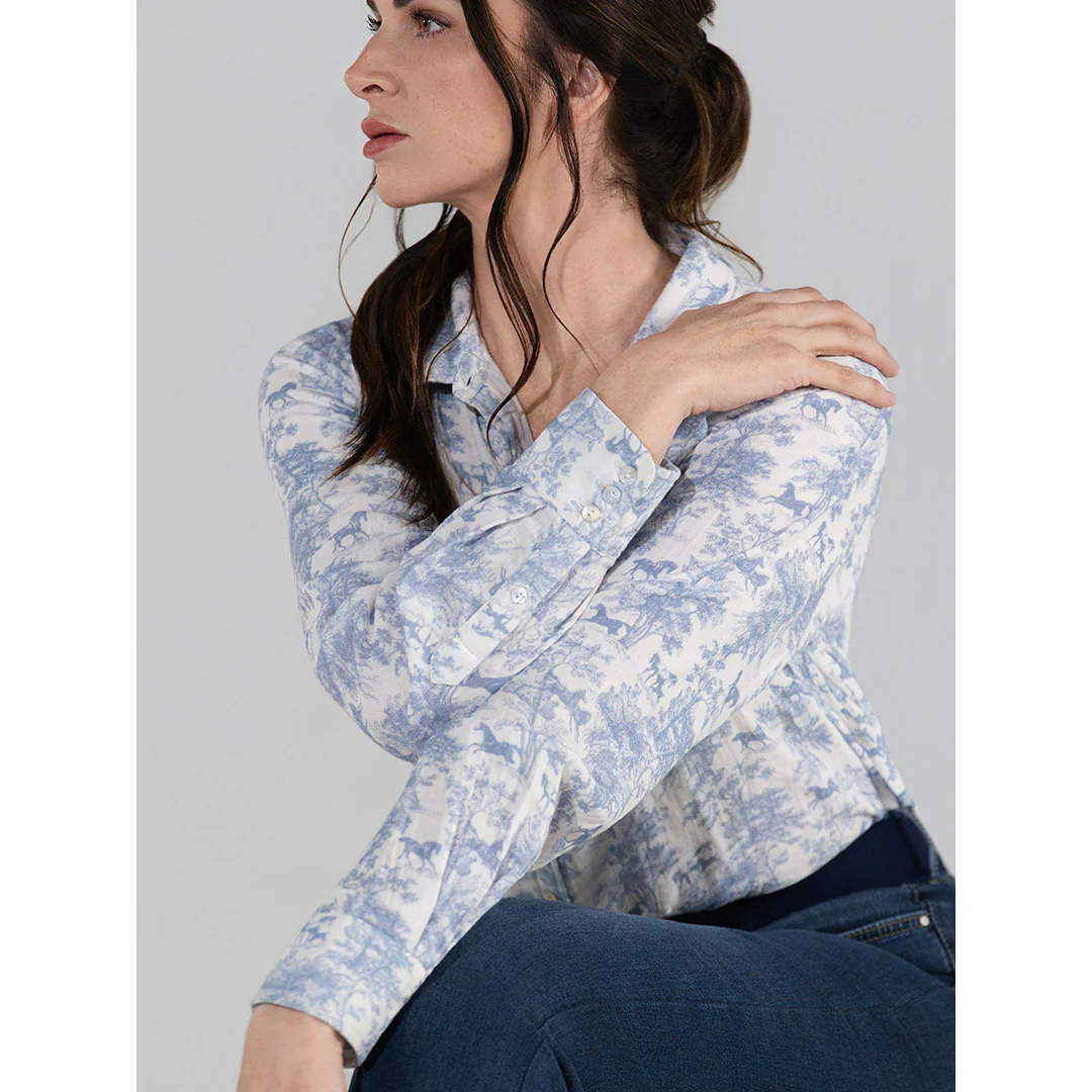 Dapplebay Equestrian Toile Breezy Button Up Top-Moonrise - Image 3