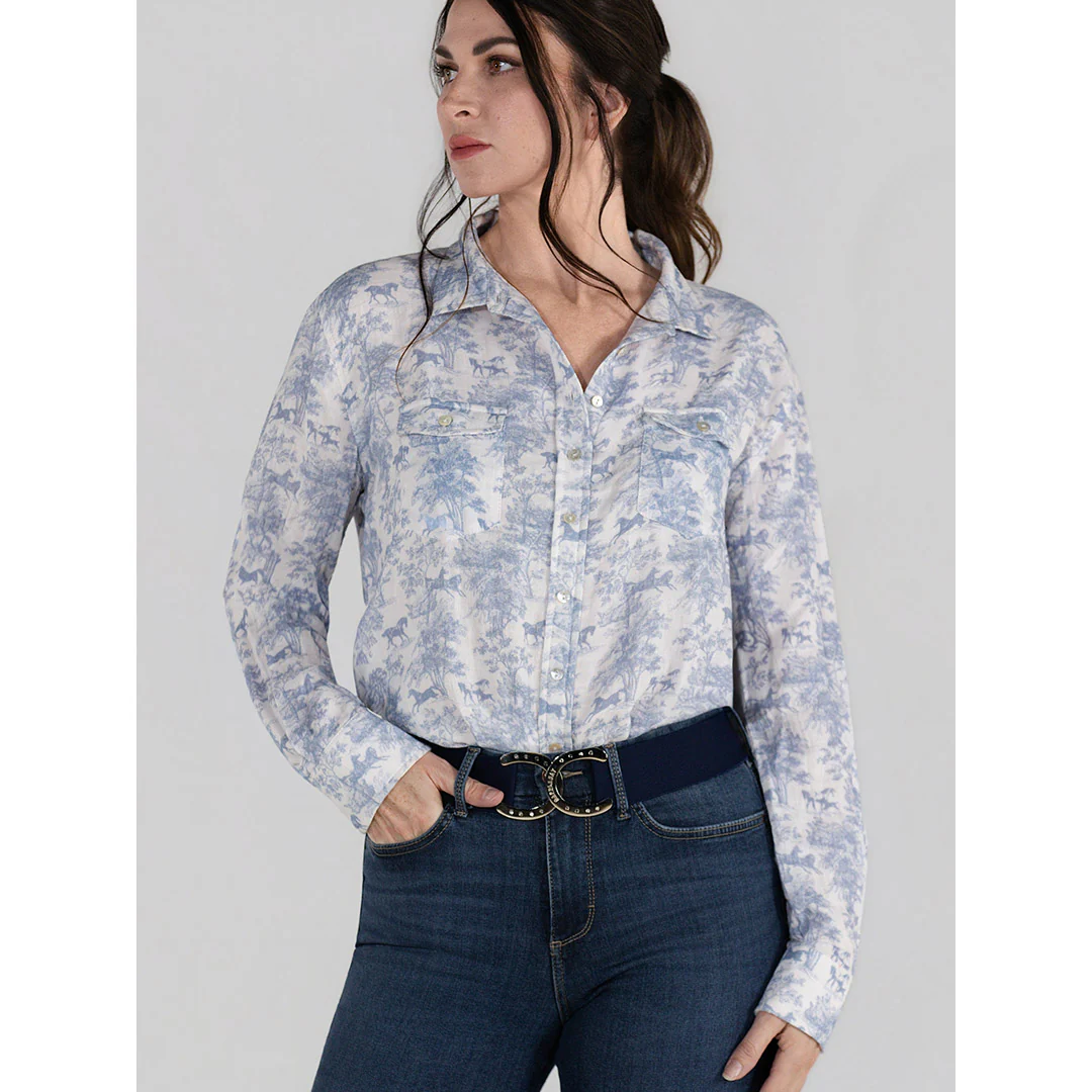 Dapplebay Equestrian Toile Breezy Button Up Top-Moonrise - Image 7