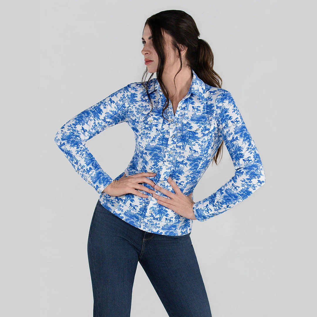 Dapplebay Equestrian Toile Button Down Western Shirt-Blue/White - Image 10
