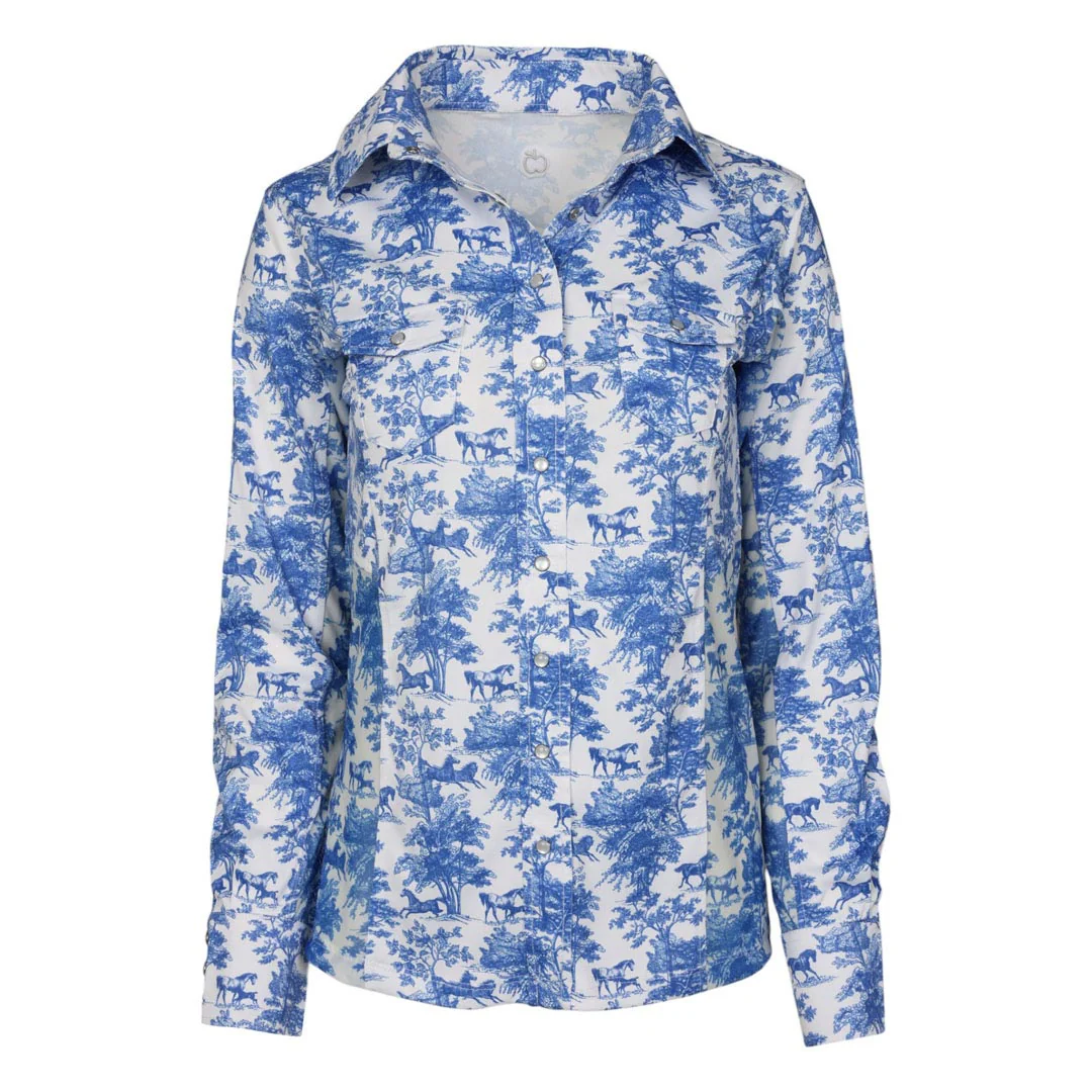 Dapplebay Equestrian Toile Button Down Western Shirt-Blue/White - Image 11