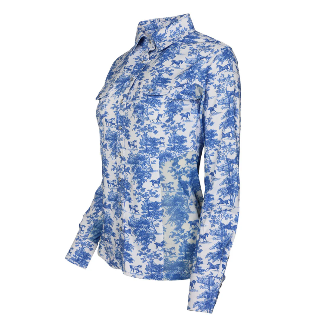 Dapplebay Equestrian Toile Button Down Western Shirt-Blue/White - Image 12
