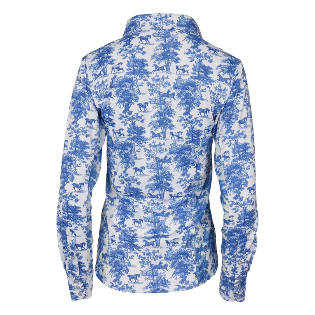Dapplebay Equestrian Toile Button Down Western Shirt-Blue/White - Image 13