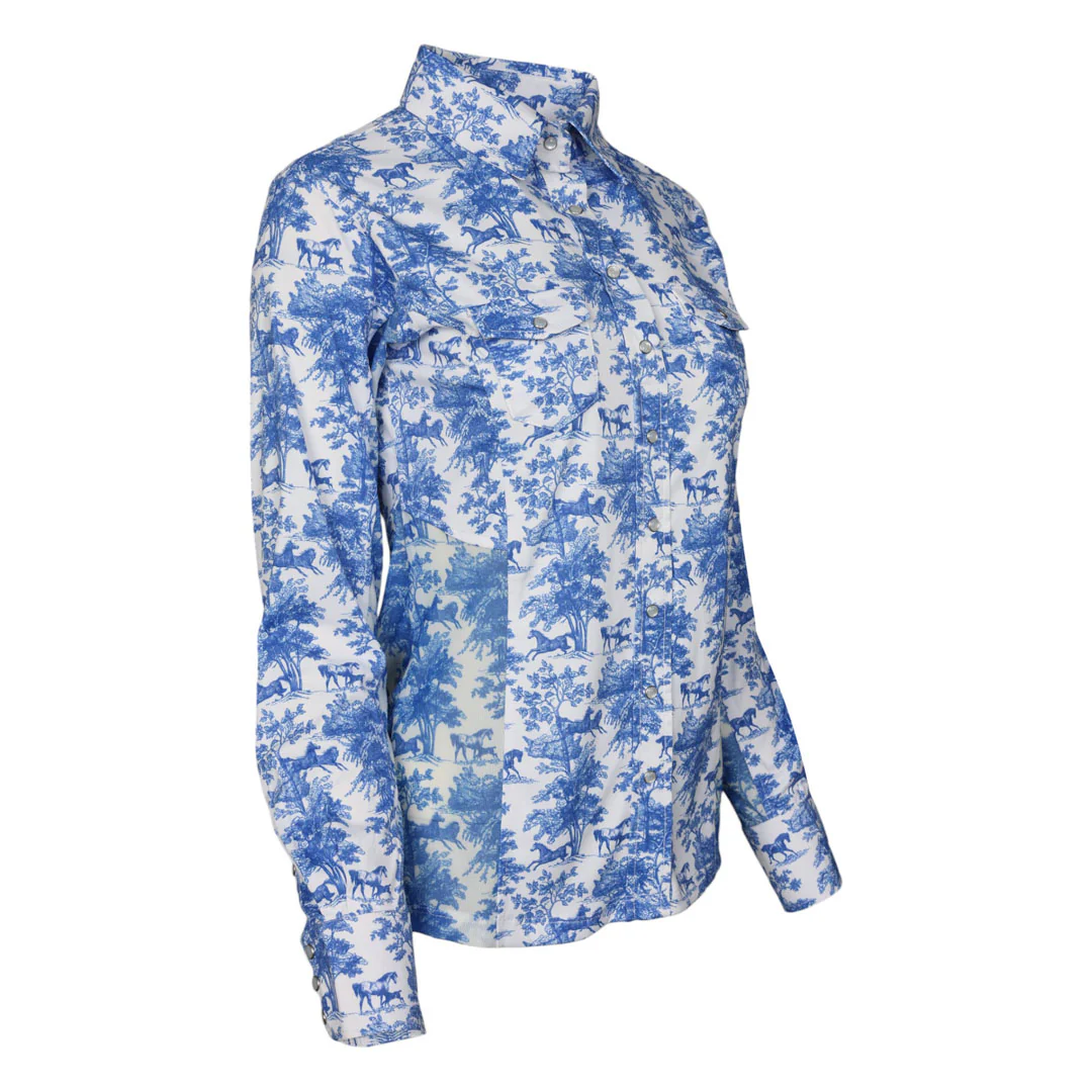 Dapplebay Equestrian Toile Button Down Western Shirt-Blue/White - Image 14