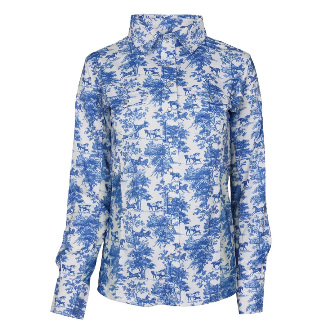 Dapplebay Equestrian Toile Button Down Western Shirt-Blue/White - Image 15