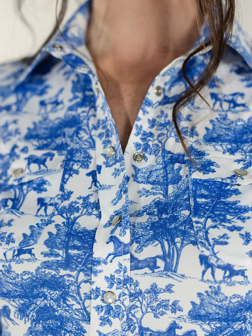 Dapplebay Equestrian Toile Button Down Western Shirt-Blue/White - Image 3