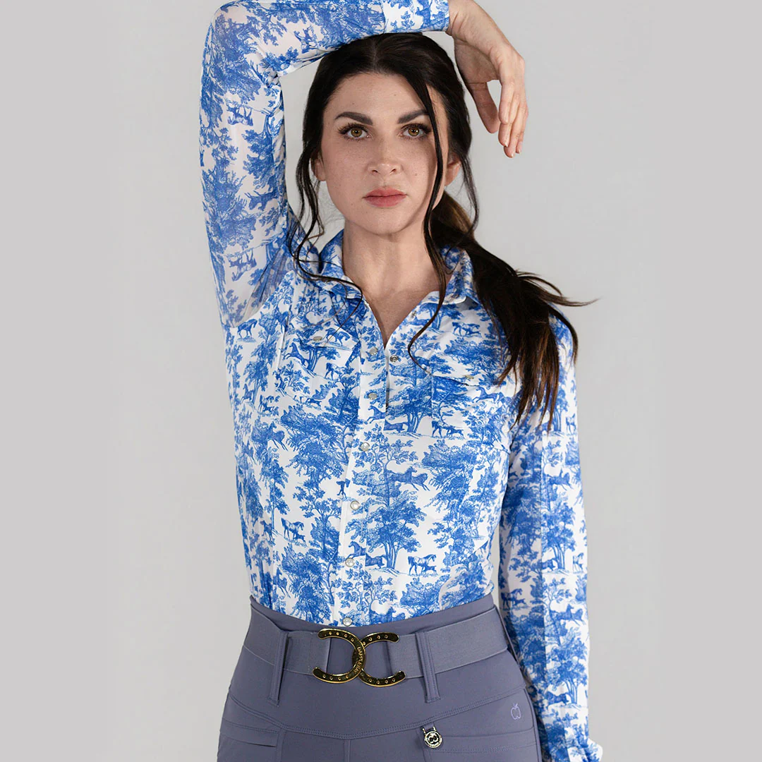 Dapplebay Equestrian Toile Button Down Western Shirt-Blue/White - Image 4