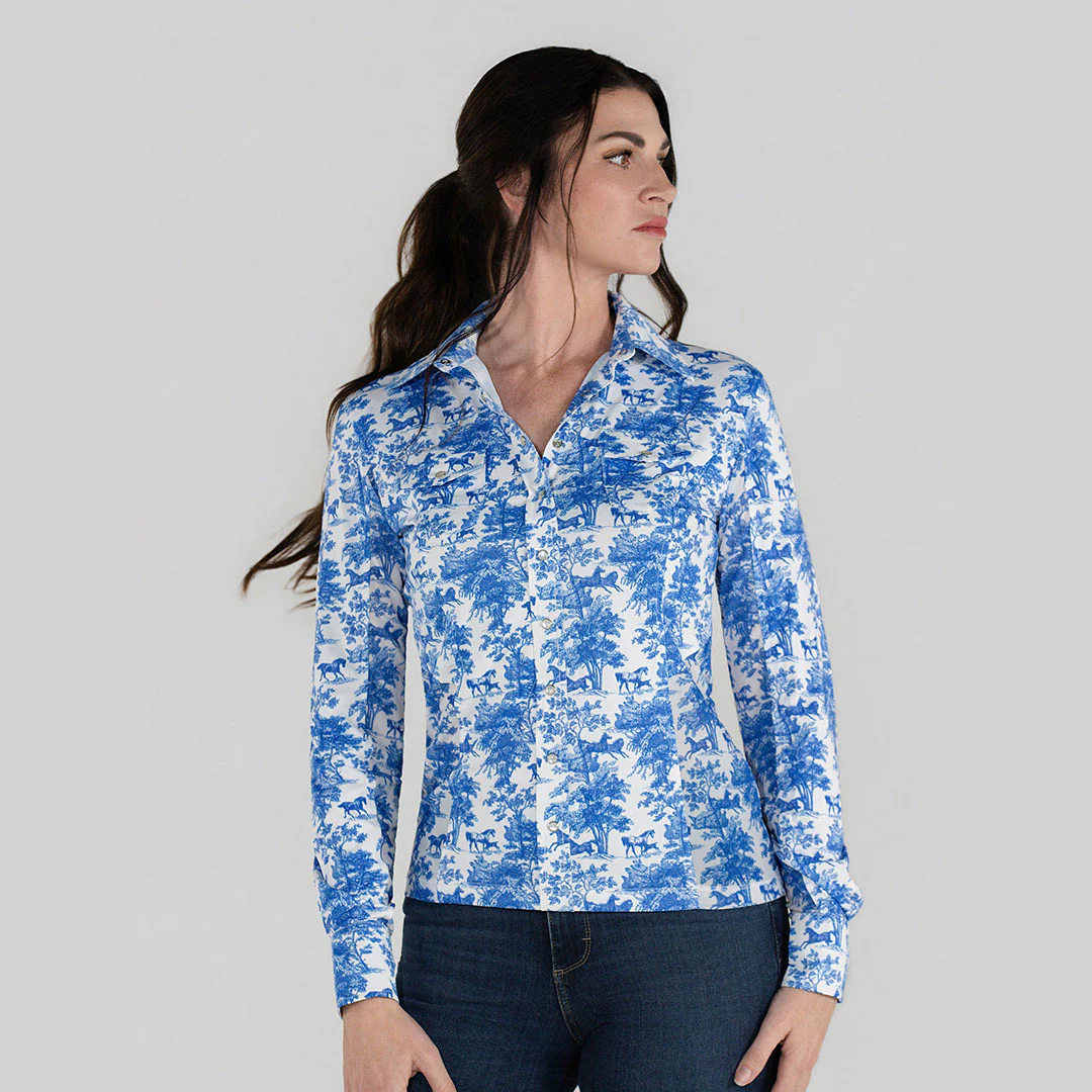 Dapplebay Equestrian Toile Button Down Western Shirt-Blue/White - Image 6