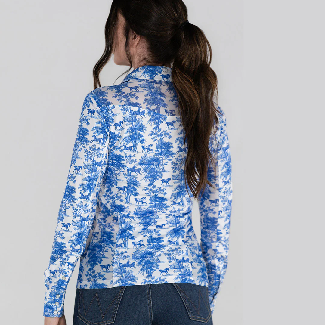 Dapplebay Equestrian Toile Button Down Western Shirt-Blue/White - Image 7