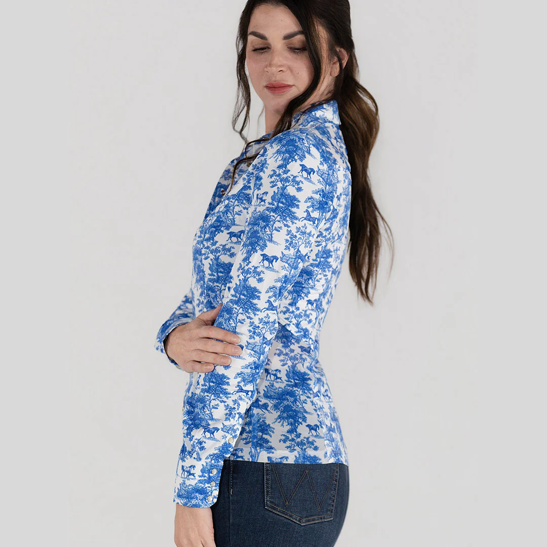 Dapplebay Equestrian Toile Button Down Western Shirt-Blue/White - Image 8