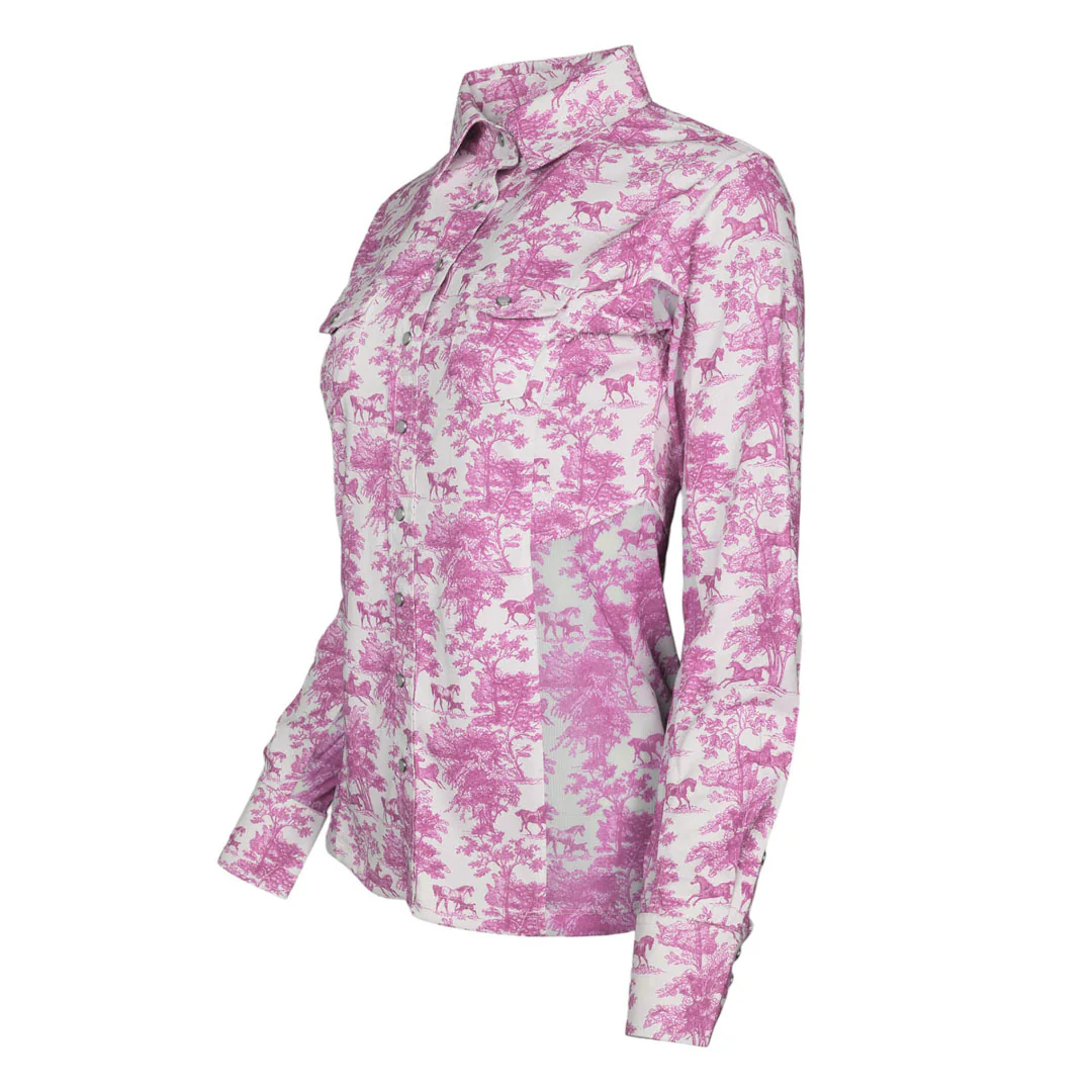 Dapplebay Equestrian Toile Button Down Western Shirt-Rose/White - Image 2