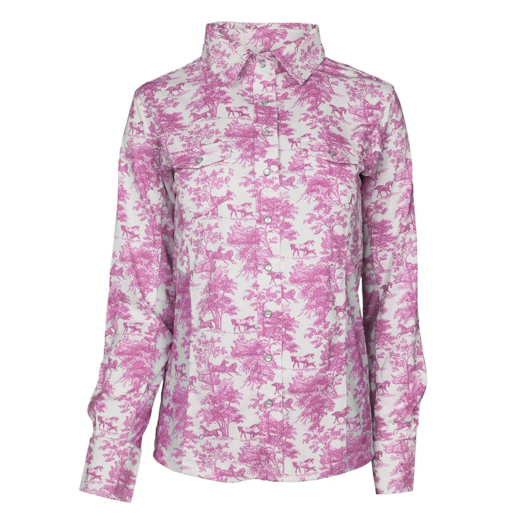 Dapplebay Equestrian Toile Button Down Western Shirt-Rose/White - Image 5