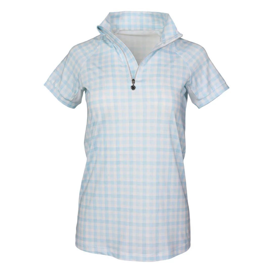 Dapplebay Gingham 1/4 Zip Riding Top - Short Sleeve-Blue/White - Image 2