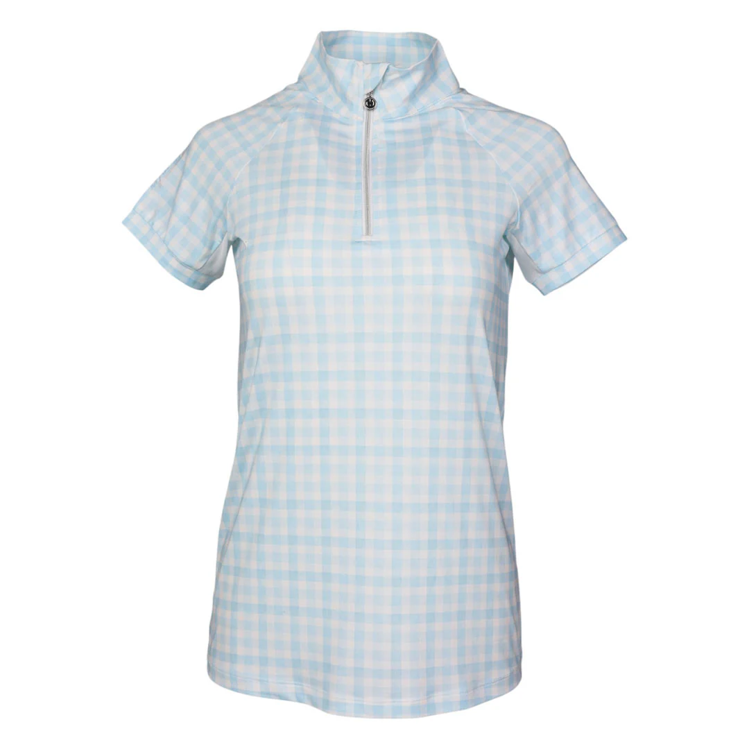 Dapplebay Gingham 1/4 Zip Riding Top - Short Sleeve-Blue/White - Image 3
