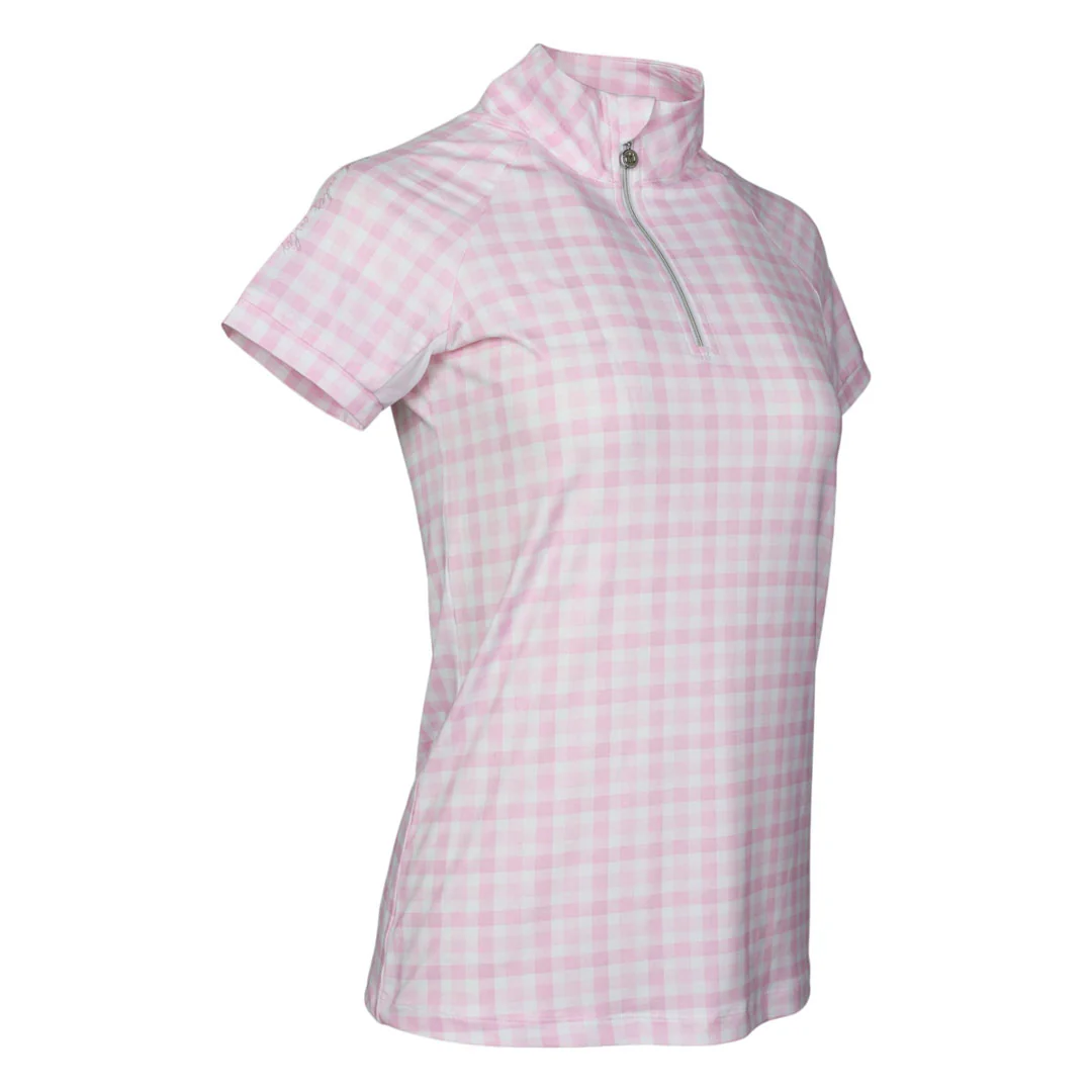 Dapplebay Gingham 1/4 Zip Riding Top - Short Sleeve-Pink/White - Image 4