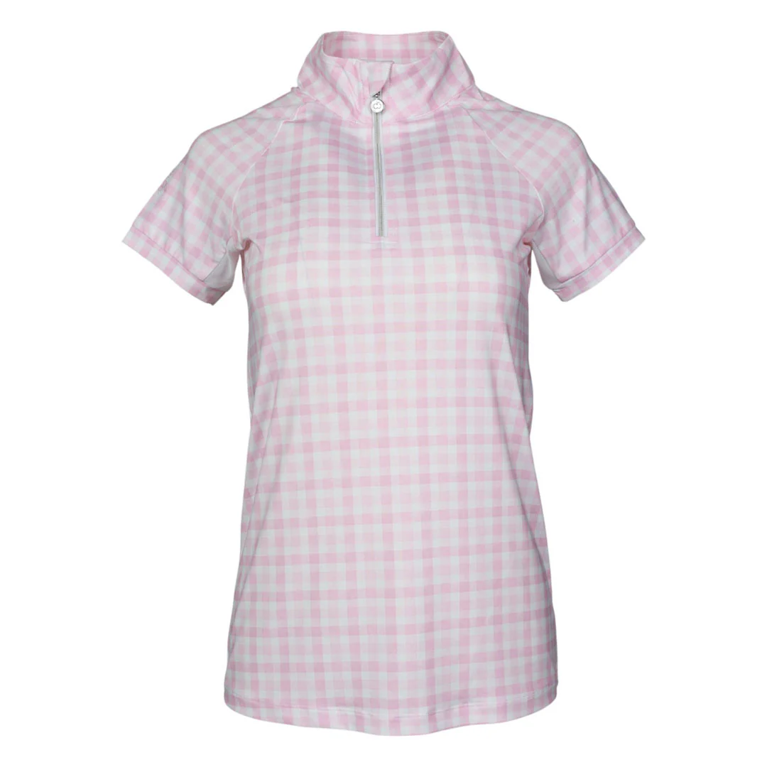 Dapplebay Gingham 1/4 Zip Riding Top - Short Sleeve-Pink/White - Image 5