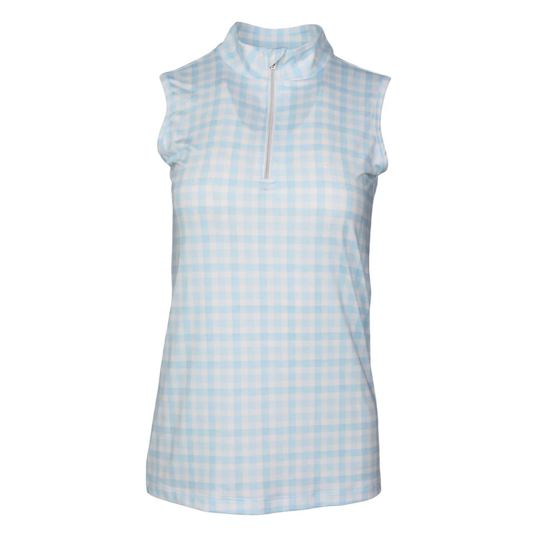 Dapplebay Gingham 1/4 Zip Riding Top - Sleeveless-Blue/White - Image 3