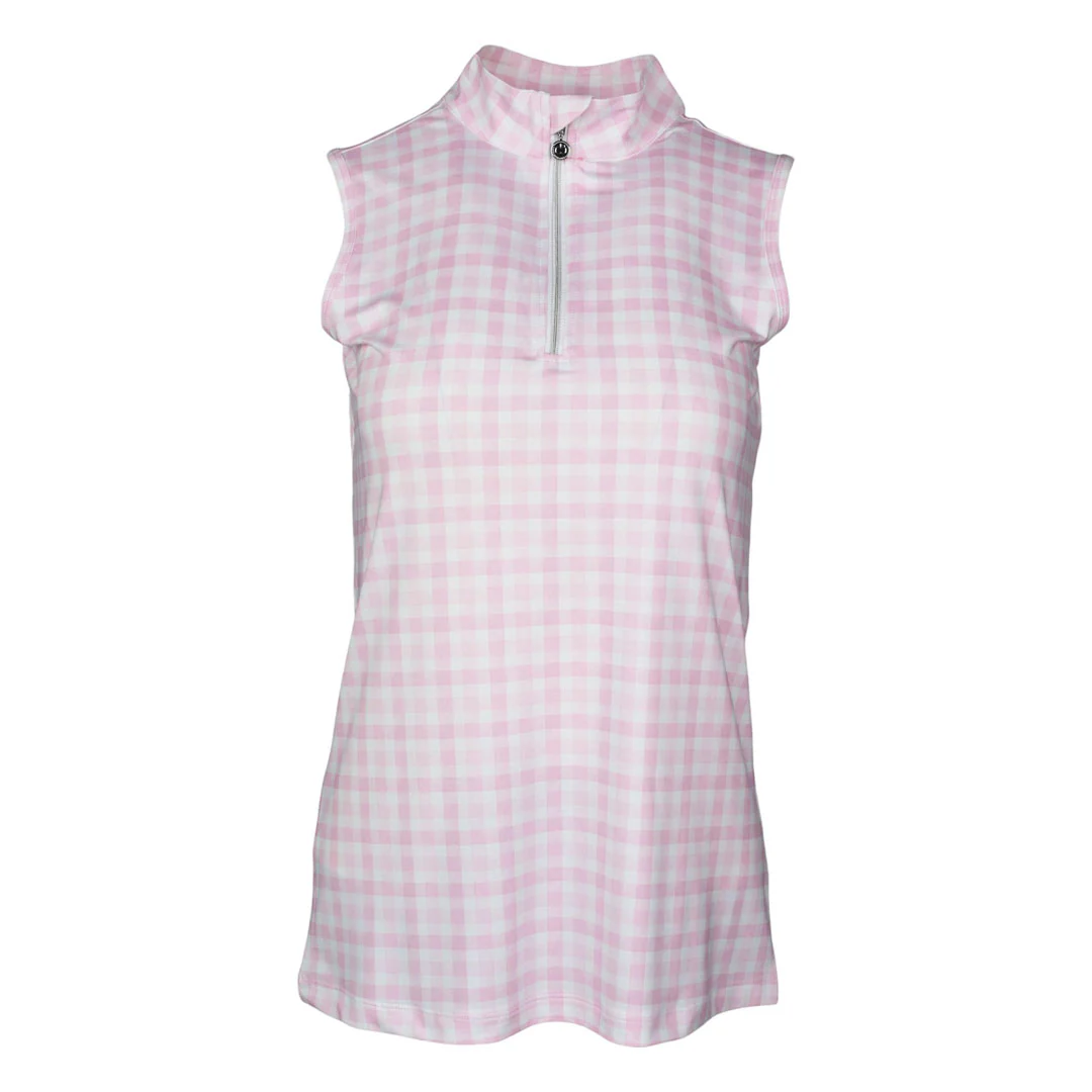 Dapplebay Gingham 1/4 Zip Riding Top - Sleeveless-Pink/White - Image 3