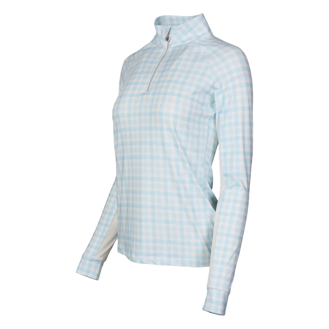 Dapplebay Gingham1/4 Zip Riding Top - Long Sleeve-Blue/White - Image 2