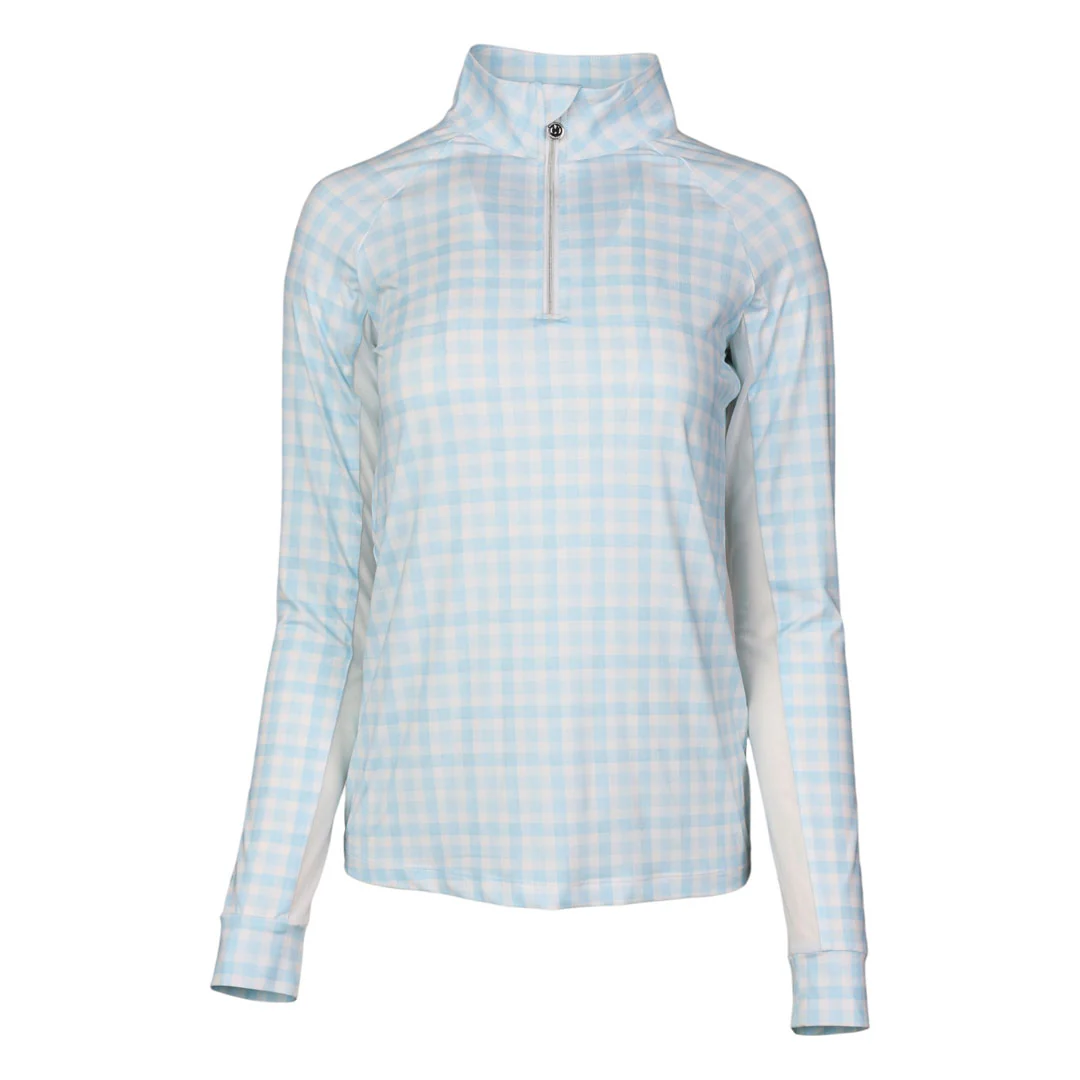 Dapplebay Gingham1/4 Zip Riding Top - Long Sleeve-Blue/White - Image 5