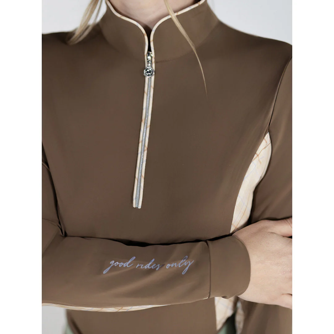 Dapplebay Grace 1/4 Zip LS Riding Top-Chestnut/Spring Plaid - Image 6