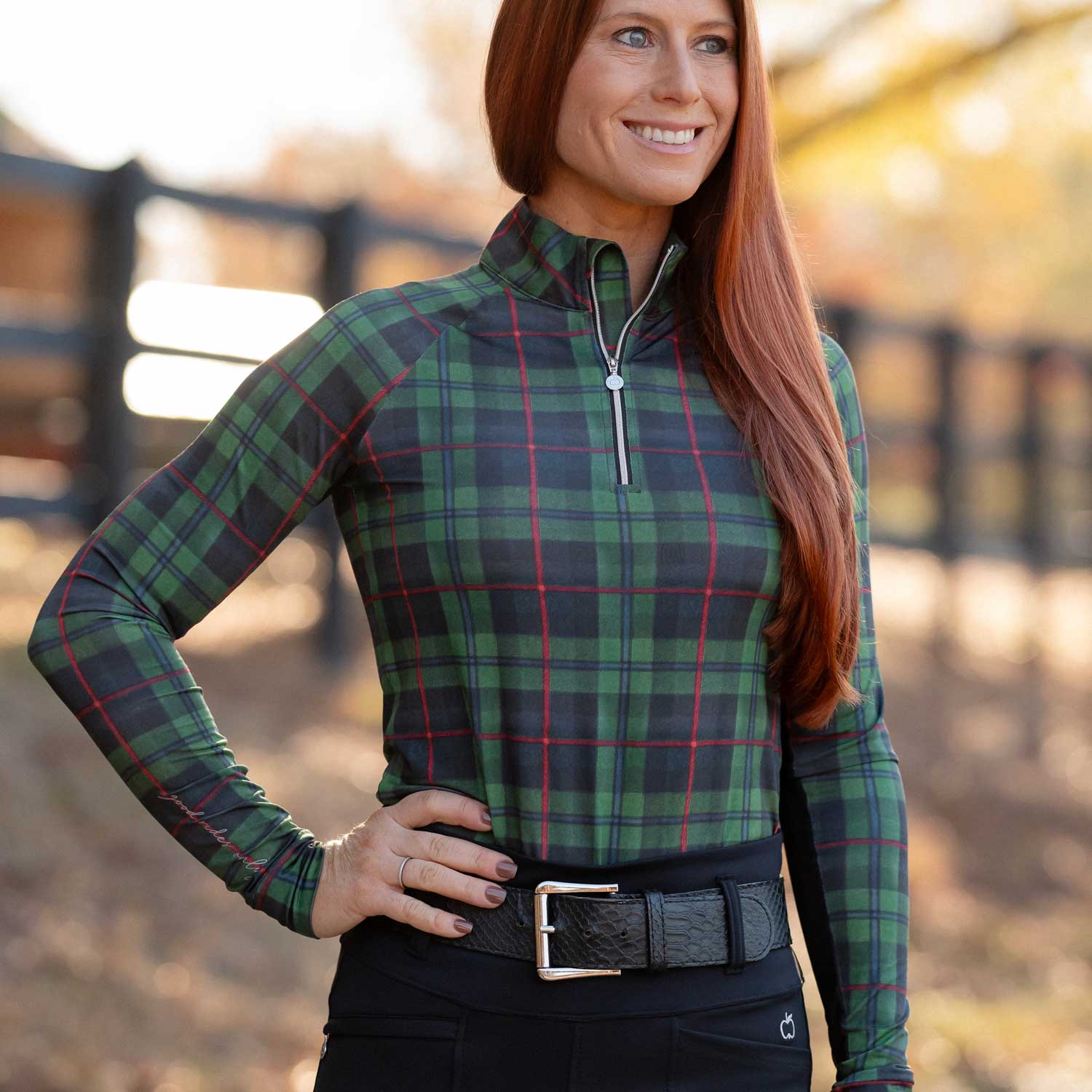 Dapplebay Holiday Plaid 1/4 Zip Light Riding Top-GREEN - Image 3