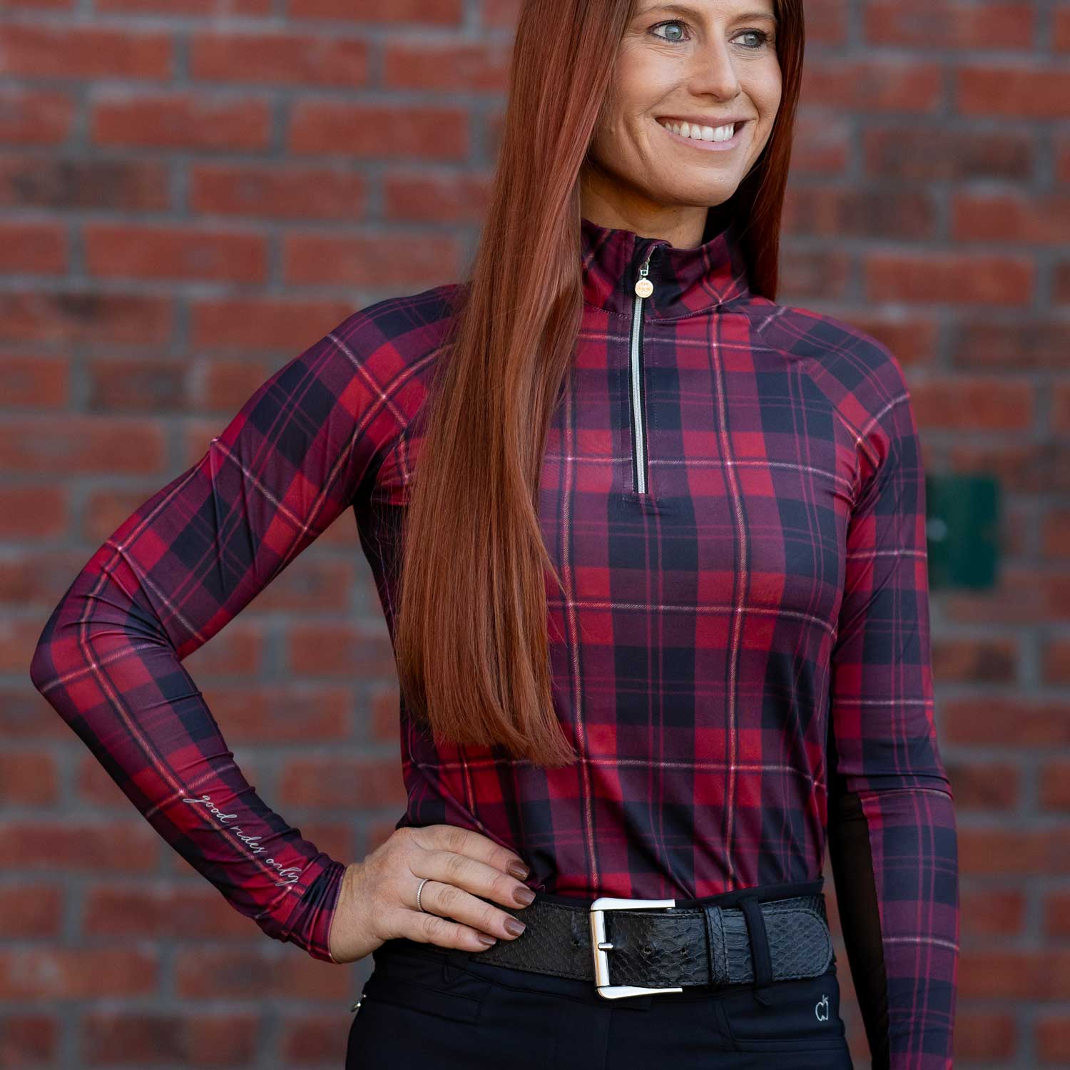 Dapplebay Holiday Plaid 1/4 Zip Light Riding Top-RED - Image 3