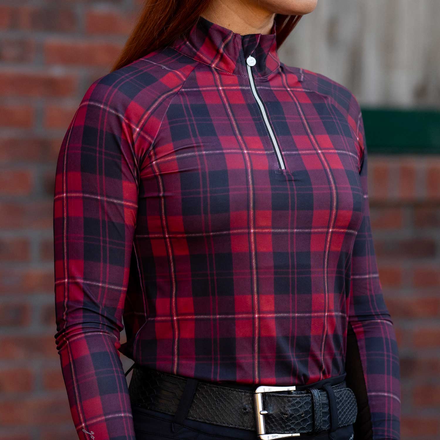 Dapplebay Holiday Plaid 1/4 Zip Light Riding Top-RED - Image 4